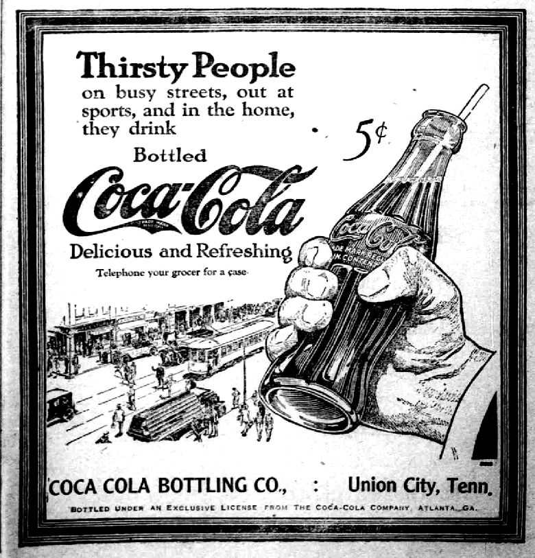 1922 coca-cola ad: Thirsty people on busy street, out at sports, and in they home they drink bottled coca-cola