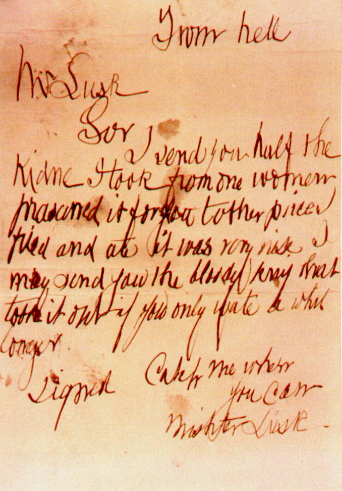 An image of the 'From Hell' letter credited to Jack the Ripper.