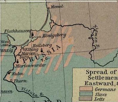 The ethnic composition of East Prussia by the 14th century. The term Letts is a historical name for Latvians. Image-Prussia ethnicity.JPG