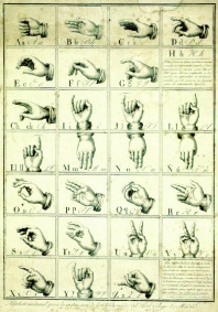 An early representation of the Spanish manual alphabet, engraved by Francisco de Paula Marti Mora (1761-1827) and published in 1815. Of an edition of 300, the only surviving copy is in the Biblioteca de Catalunya in Barcelona. Marti.jpg