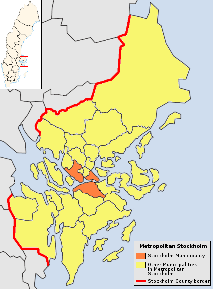 Karta över Storstockholm. Stockholms kommun i orange, övriga kommuner tillhörande Stockholms län i gult.