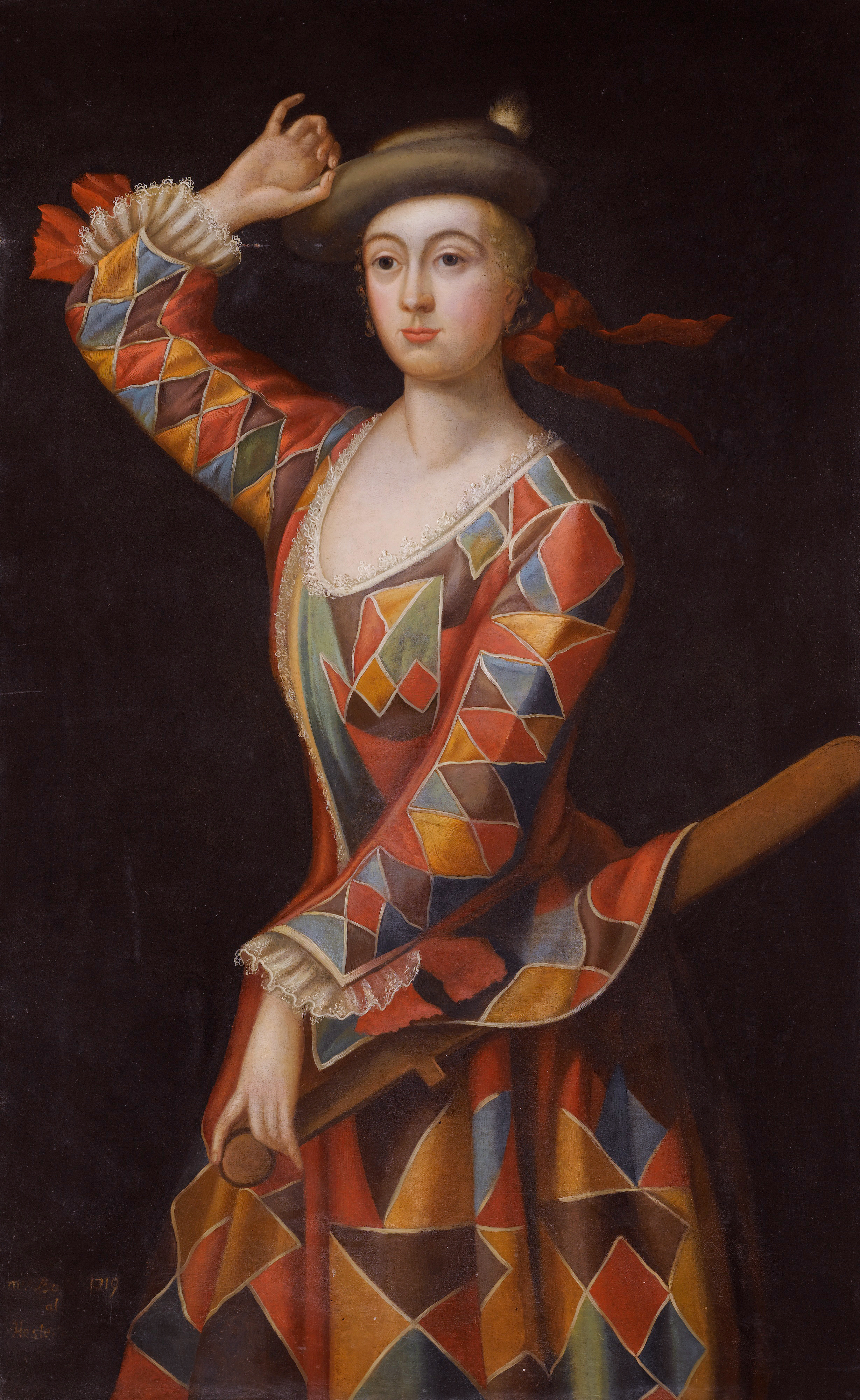 The woman wears a typical fancy dress of the 18th century, except for the fact that it has a funky Harlequin print.
