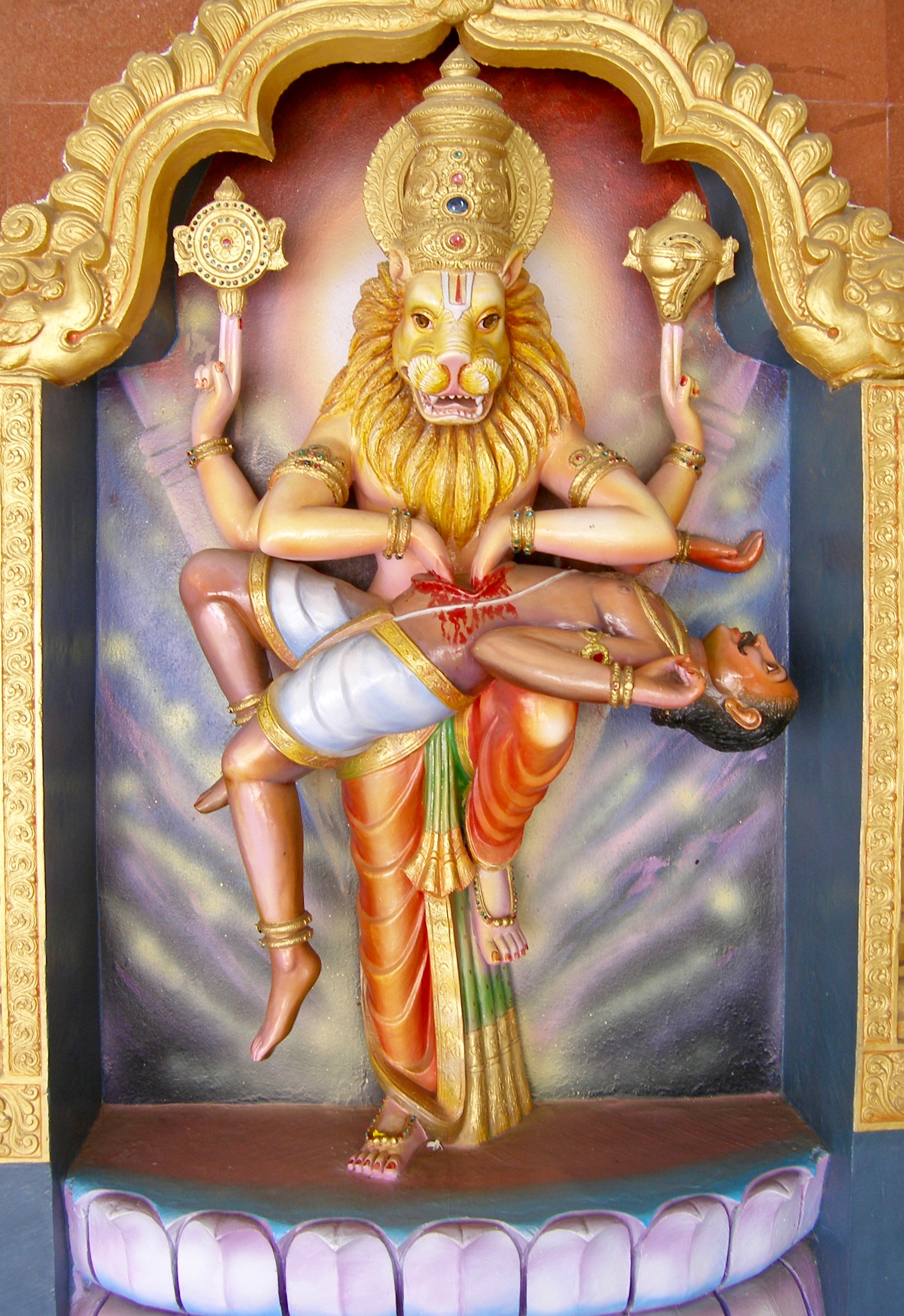 Sculpture of Narasimha killing Hiranyakashipu in [[Tirumala]], [[India]]