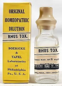 Homeopathic medicine bottle and box, marked 'RHUS TOX'