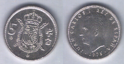 The 5 pesetas coin of 1975 featured the official king, Juan Carlos I of Spain and a coat-of-arms with the San Andrés salitre, Carlists' assumed symbol.
