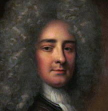 Portrait of Hamilton as a young man with long curly greyish hair or such a wig