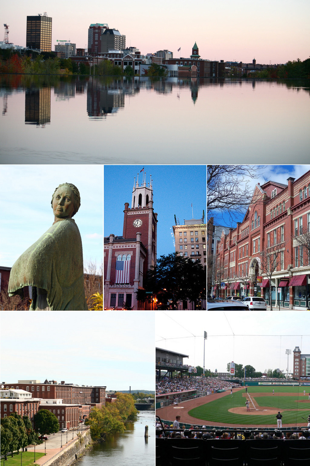 Clockwise from top: Manchester skyline from above Amoskeag Falls, Hanover Street, a Fisher Cats game at Northeast Delta Dental Stadium, the Arms Park Riverwalk and Millyard, the Mill Girl statue at the Millyard, and City Hall.