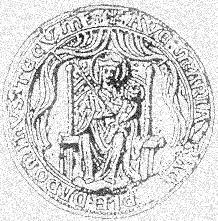 Ancient seal of the Medieval Priory, with the Annunciation text surrounding "Ave Maria Gratia Plena Dominus Tecum" on which the present image from Oberammergau was carved Walsinghamseal.jpg