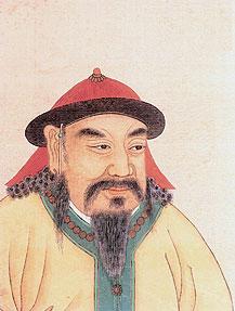 Yesügai. Porträt-Zeichnung eines älteren Mongolen mit traditionellem, zwiebelförmigem, rotem Hut und Spitzbart.