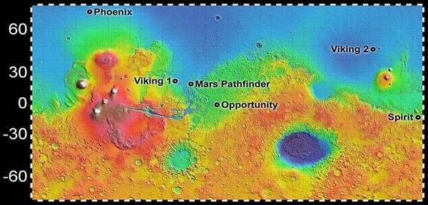 Место посадки на Марсе среди других аппаратов («Спирит» — справа)