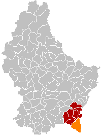 Mapa Luksemburga sa Schengenom istaknuta narandžastom, a kanton tamnocrvenom bojom