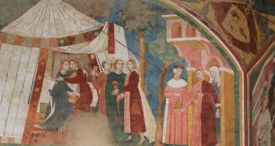 Memmo di Filippuccio. Profane love scenes. Fresco, detail, before restoration. San Gimignano.2.jpeg