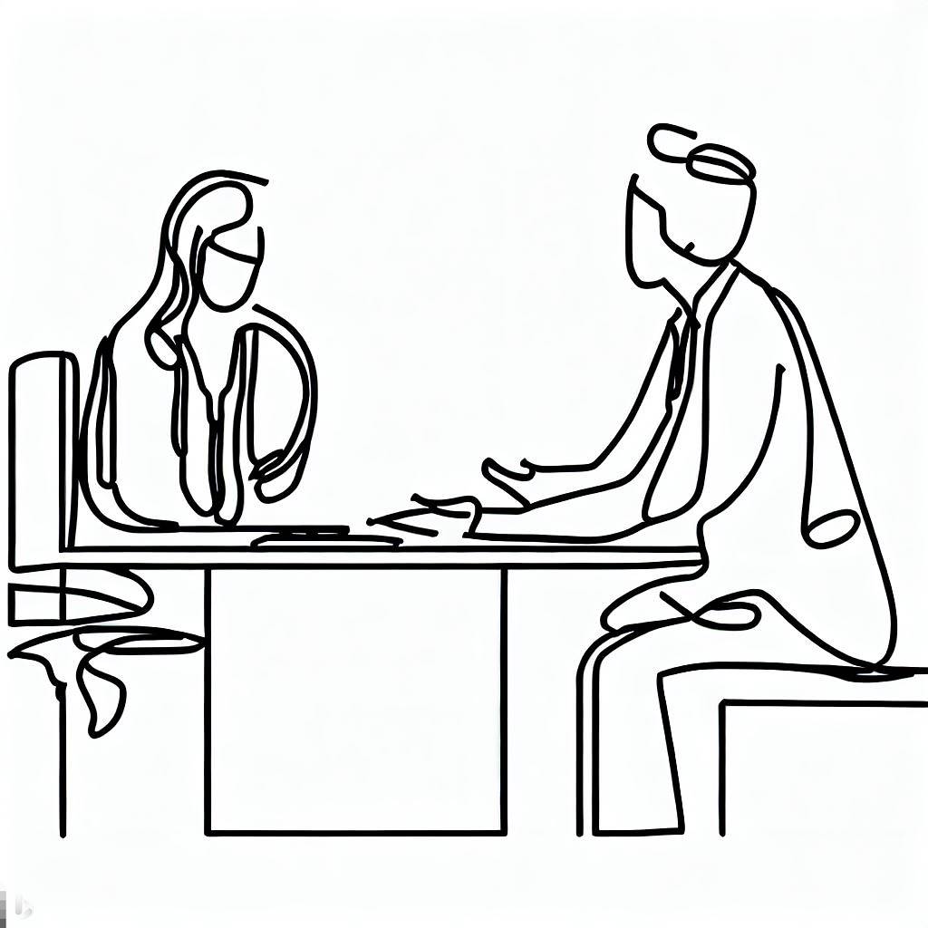 simple line drawing of a patient and doctor having a conversation on Craiyon