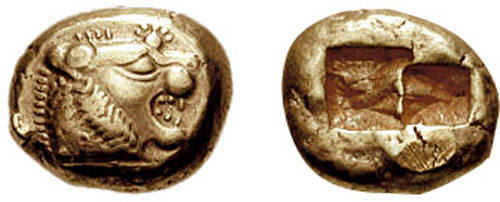 Oroszlánt ábrázoló lüdiai érme. - Forrás: Wikipédia