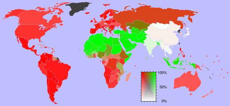 Relative geographic prevalence of Christianity versus Islam versus lack of either religion (2006).