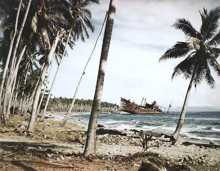 File:Japanese transport Kinugawa Maru beached and sunk on the Guadalcanal shore, in November 1943 (80-G-K-1467-A).jpg