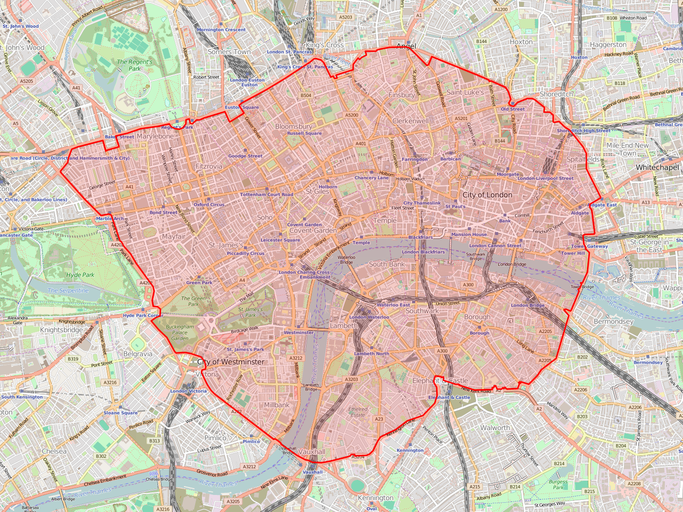 A map of London showing the areas where the congestion charge applies