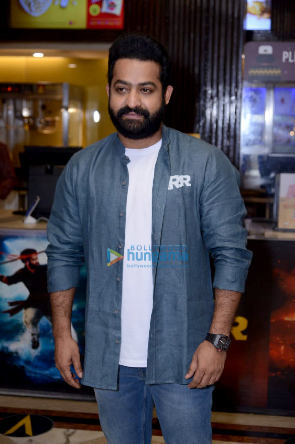 Photos Alia Bhatt Ram Charan Jr. NTR and S. S. Rajamouli snapped during their upcoming film RRR promotions at PVR Plaza in New Delhi 4