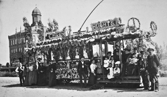 Los Angeles Consolidated Electric streetcar  at Pico Heights, decorated for Washington's Birthday, c. 1892.