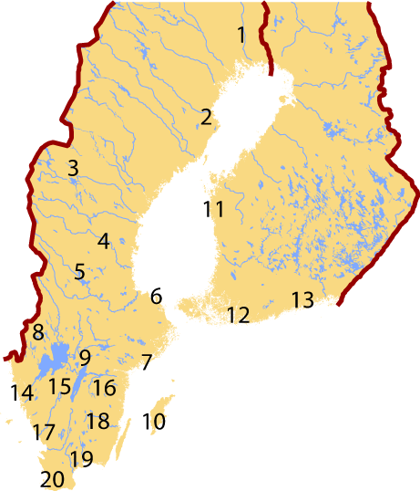 Map showing location of the various modern dialect samples Map of Swedish dialects.png