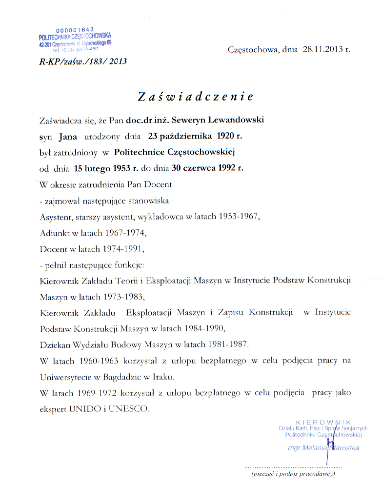 Seweryn Lewandowski employment certificate at the Częstochowa University of Technology