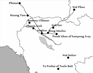 Map of the Ancient Khmer Road System of the Khmer Empire, along which are found the houses with fire. Ancient Khmer Road System.png