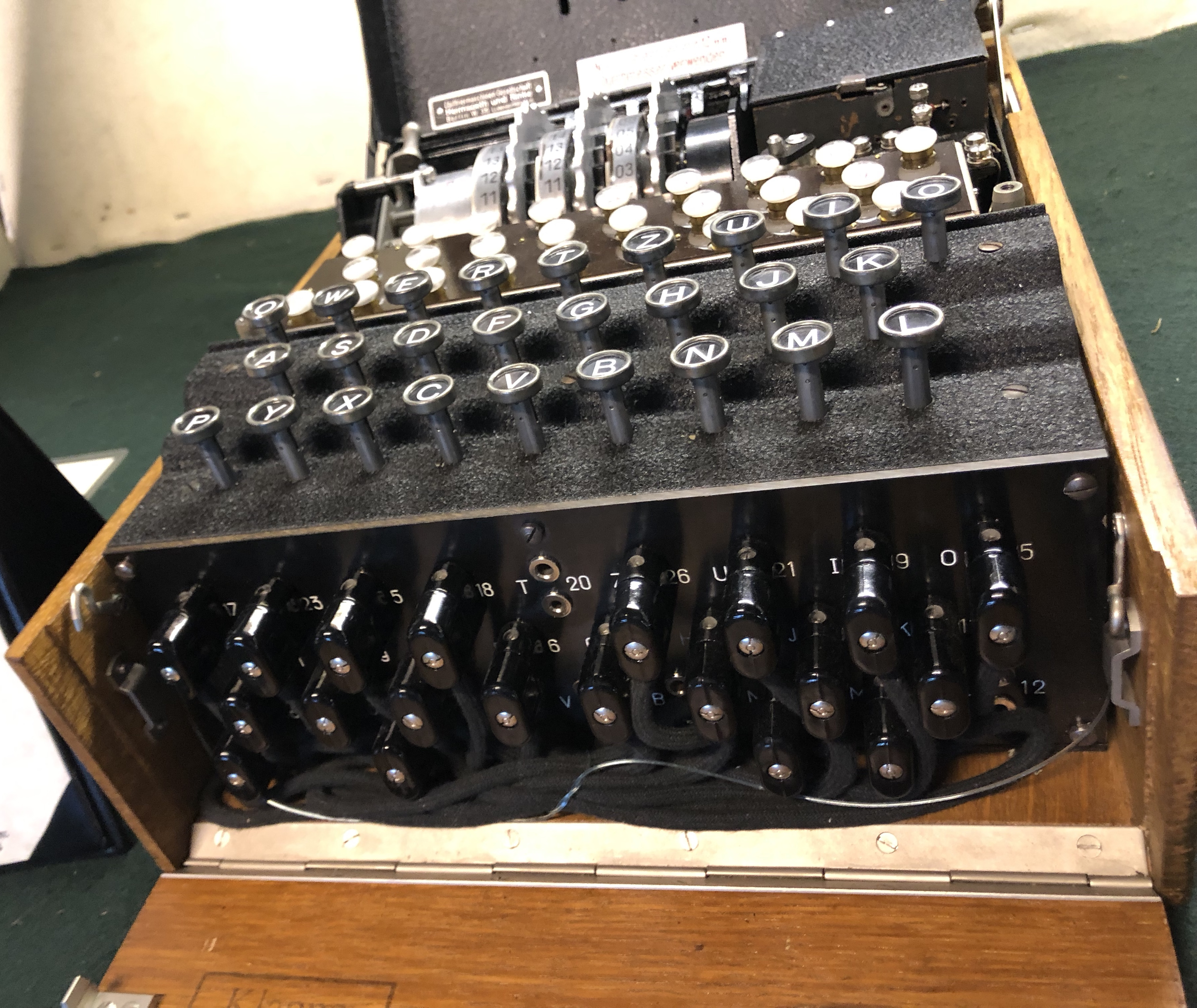 Enigma Machine A16672 at the MIT Flea Market. 19 May 2019 by ArnoldReinhold. Posted online at https://commons.wikimedia.org/wiki/File:Enigma_Machine_A16672_open_plugboard.agr.jpg