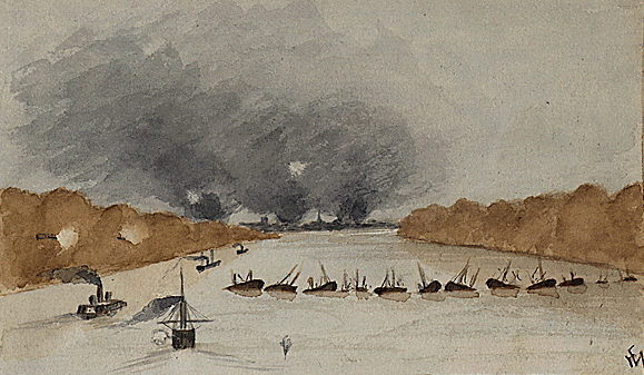 Watercolor drawing of gunboats advancing toward New Bern, seen from a point above the middle of the Neuse River. New Bern is marked by three clouds of smoke seen in the distance, the presumed result of destruction of property to keep it from the enemy. A dozen hulks form a barrier across the river, with a gap on the left side of the drawing; two shore-based guns near the gap are firing on the fleet. Two Federal ships have already passed the gap, a third is about to pass, and a fourth is approaching.