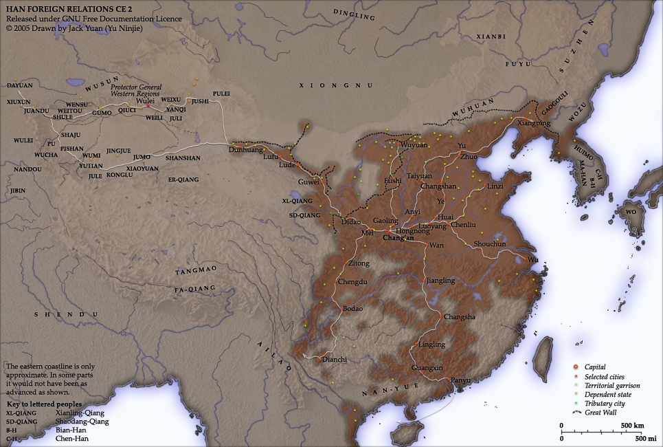 Chinois Hàn occidentaux 漢朝 (-206 - +9) Han_foreign_relations_CE_2