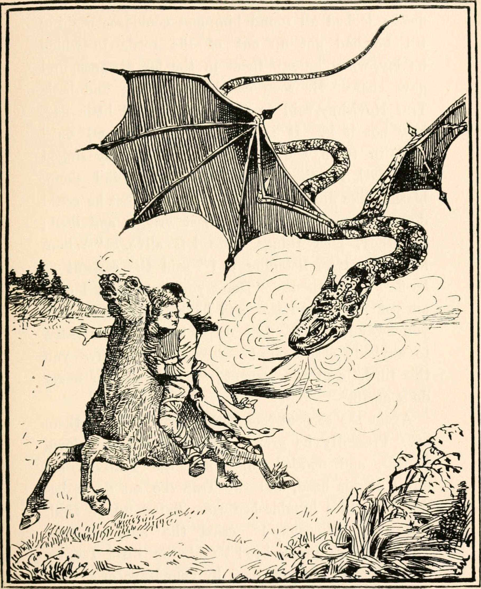 Fairy tale illustration of a couple fleeing a dragon on a horse.
