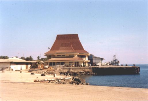 Ficheiro:Dili harbour - buildings with roofs in traditional timorese style.jpg