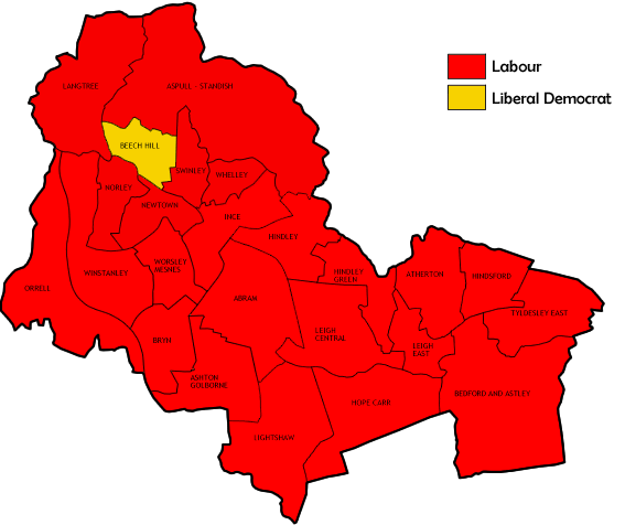 Map of the results of the 1996 Wigan council election.