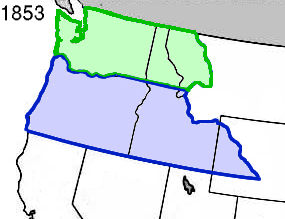Oregon Territory (blue) with Washington Territory (green) in 1853 Wpdms oregon washington territories 1853.png