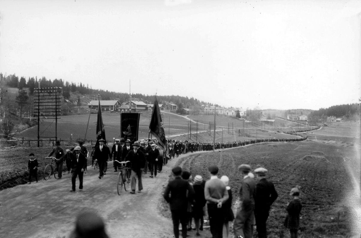 Striking workers on march towards Lunde, Ådalen, Sweden, May 14, 1931. A few minutes later five were dead and five more wounded.