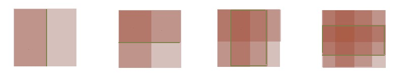 Carroll-diagrammer til 1, 2, 3 og 4 attributter.