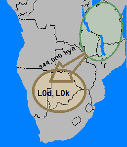 Approximate area of the origin of L0d and L0k haplogroups in southern Africa, dated to before 90,000 years ago by Behar et al. (2008).[10]