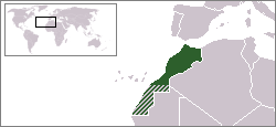 The striped area on the map shows the Western Sahara, most of which is de facto administered by Morocco as its "Southern Provinces". Its sovereignty is currently in dispute