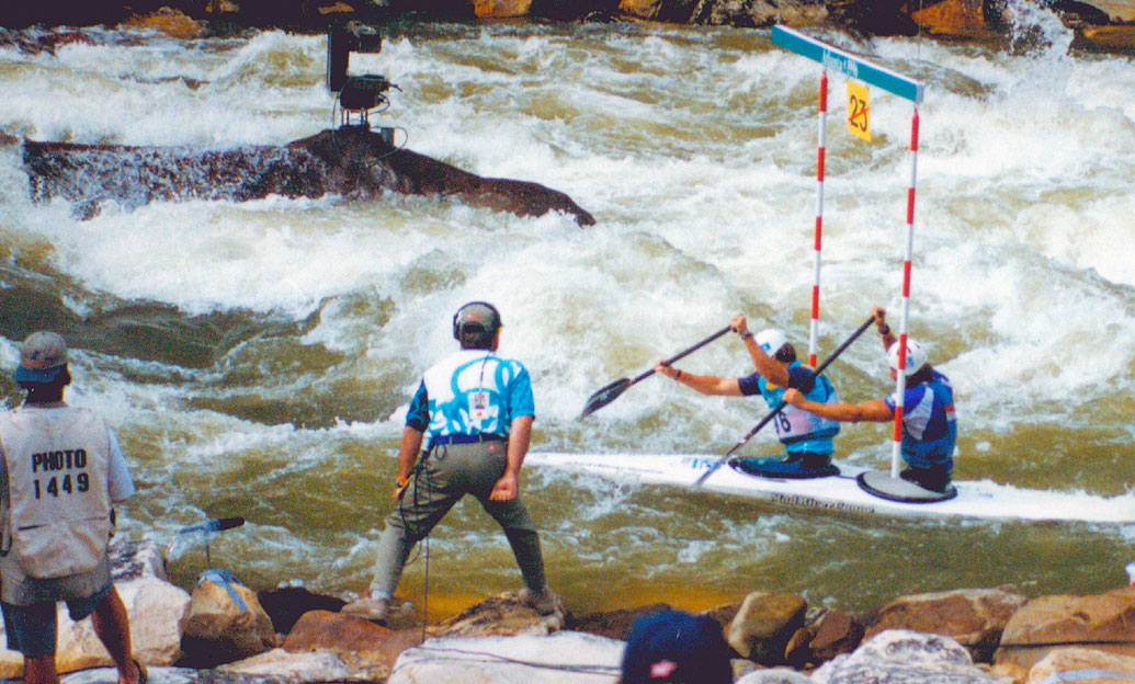 Whitewater slalom contestants on the Ocoee River during the 1996 Olympics