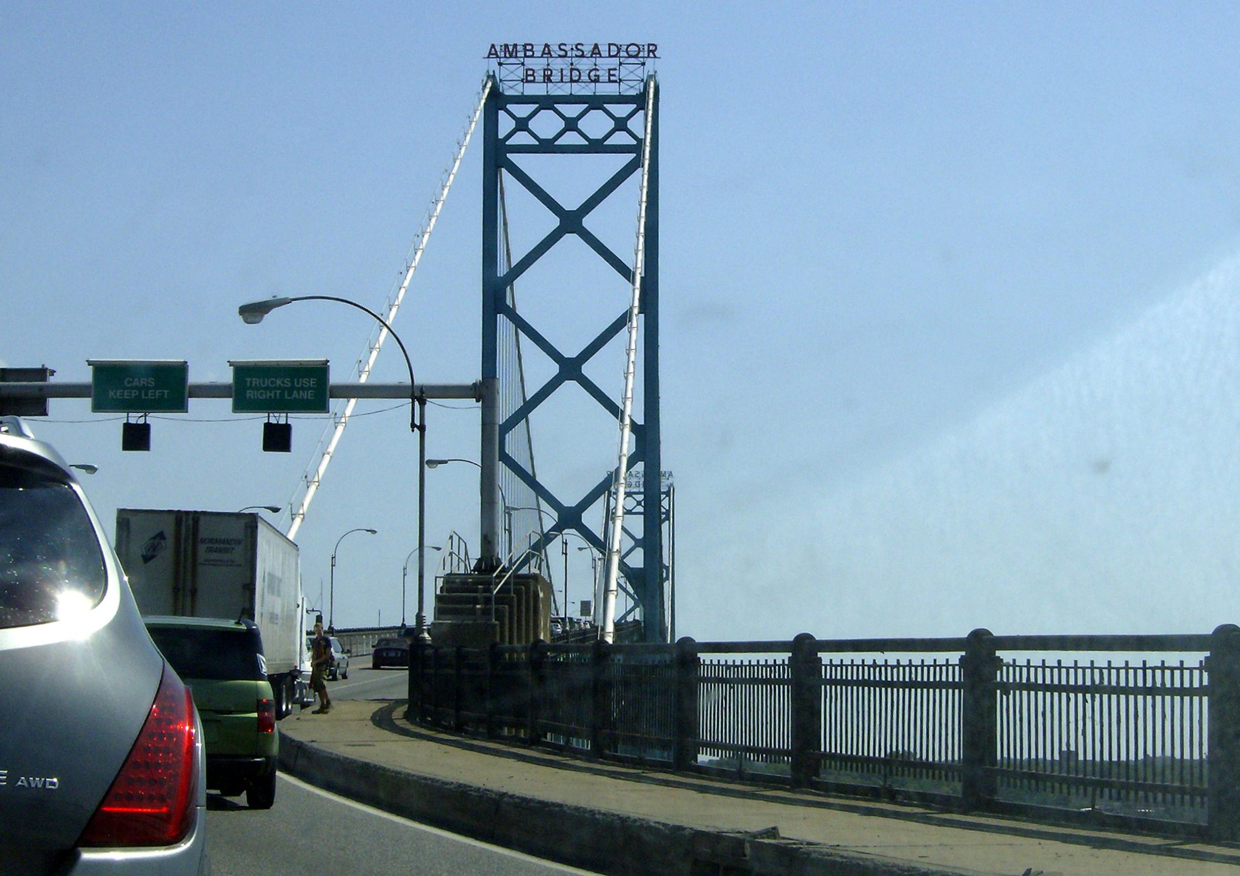 Crossing the bridge into Canada, from the US. This is the Ambassador Bridge