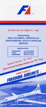 Freedom Airlines timetable effective October 31, 1982 (featuring Convair CV-580 aircraft on cover) Freedom Airlines Timetable October 1982 Dn821031.jpg