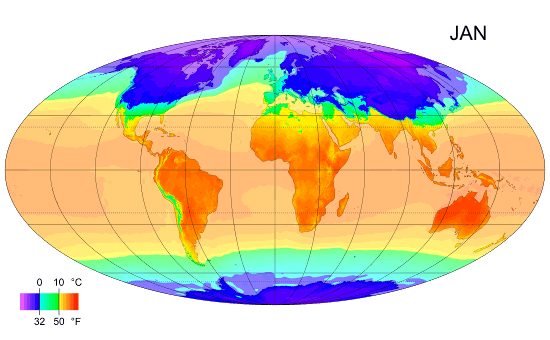 地表在各个月份的平均气温（1961年 - 1990年）