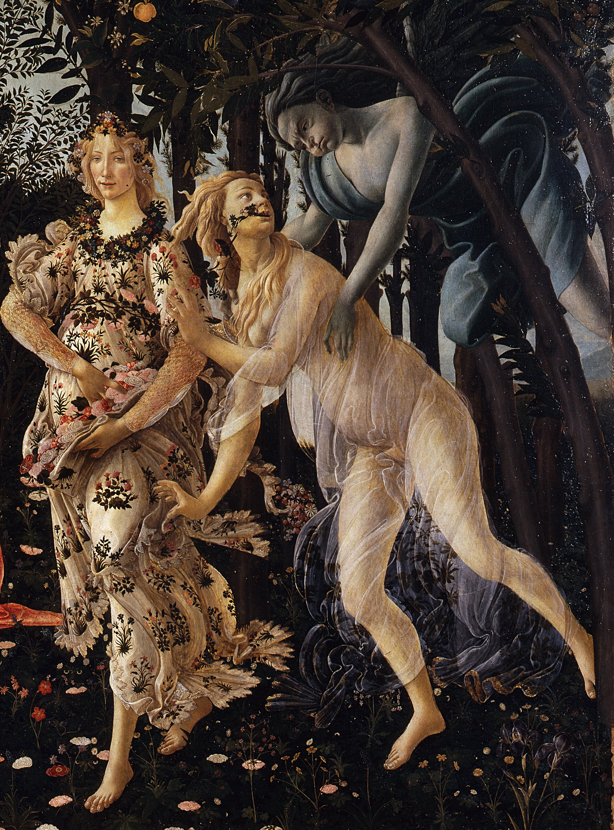 Zefiro, Clori e Flora, i primi tre personaggi della Primavera di Botticelli