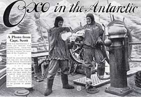 Advertisement showing two men in heavy clothing on the deck of a ship, with icy mountains in the background. The men are pouring drinks from a jug, The slogan reads "Oxo in the Antarctic"