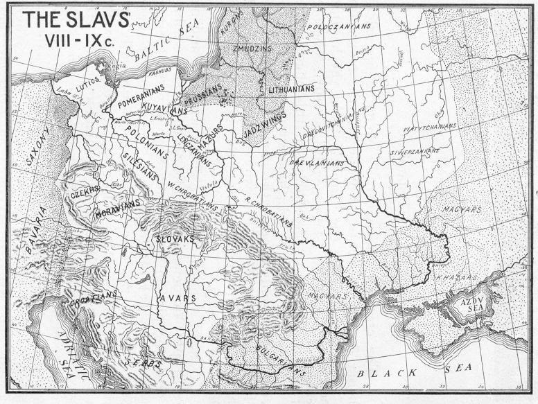 Les peuples slaves aux VIIIe et IXe siècles, carte de 1917.