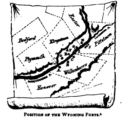 Wyoming Valley in 1778: Battlefield of Wyoming (G); Plymouth Township is visible on the left[5]