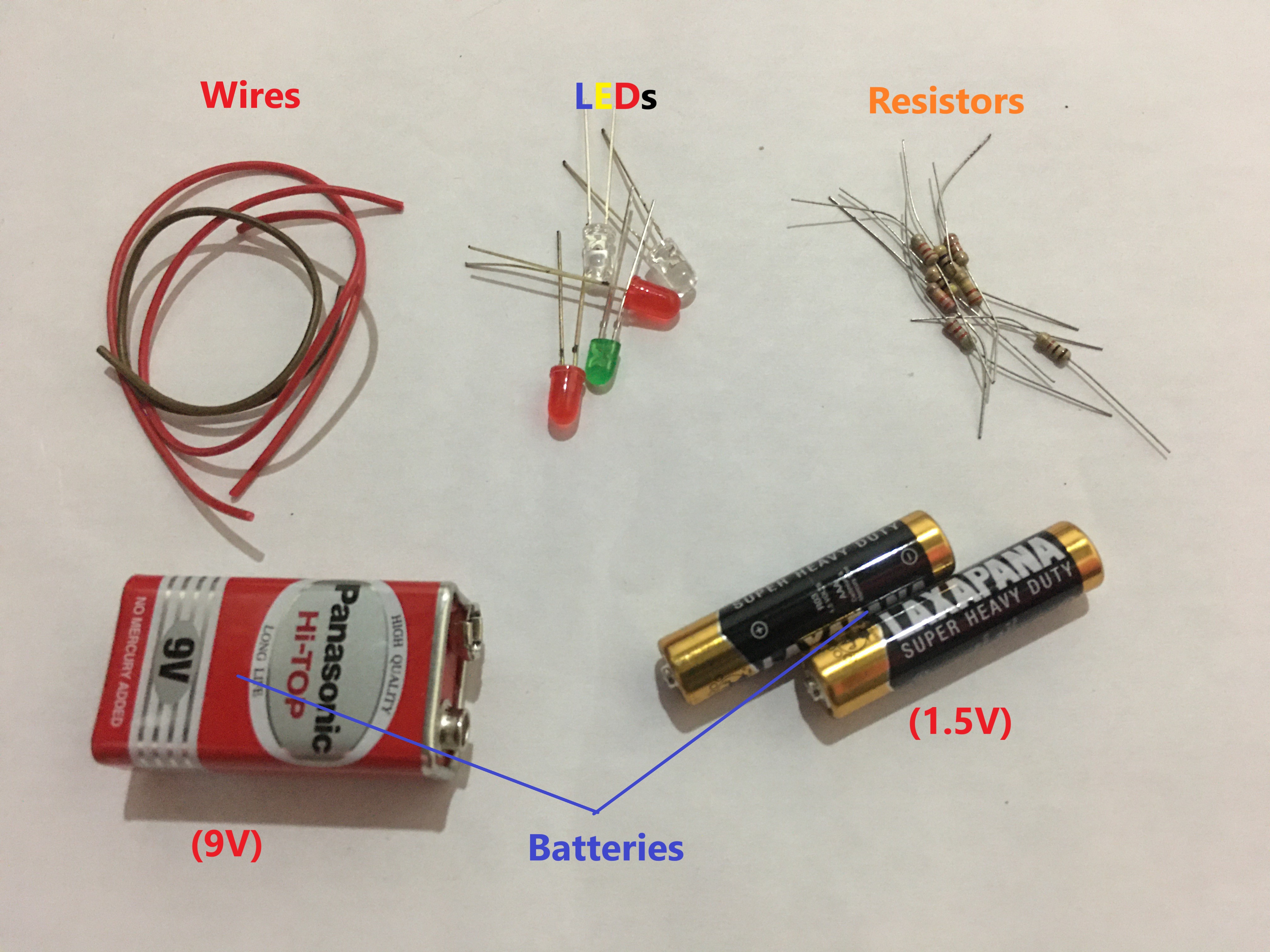 File:9v battery led circuit components (wires, battery, LED, resistor).jpg - Wikimedia Commons