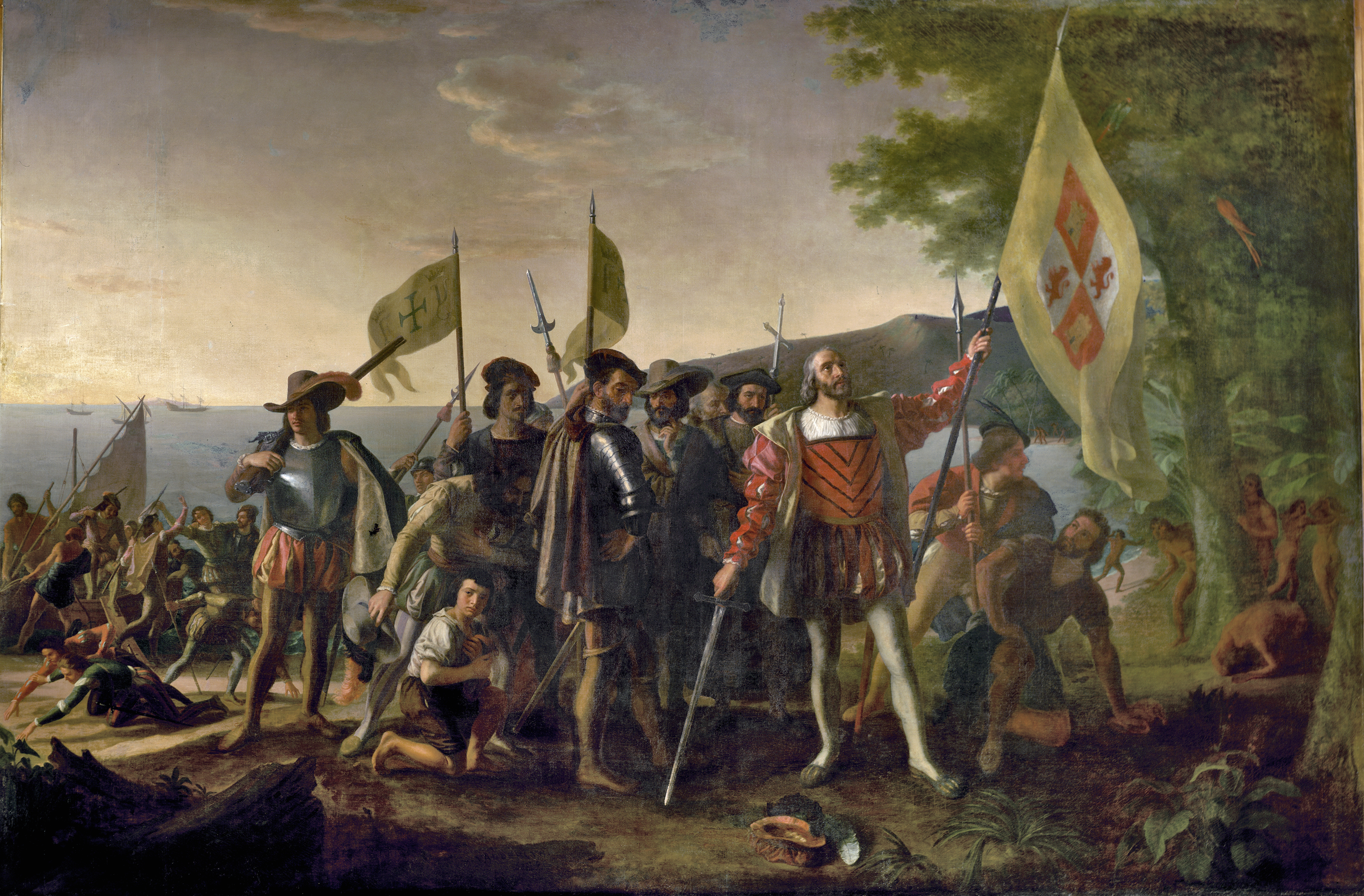 Christopher Columbus is depicted landing in the West Indies, on an island that the natives called Guanahani and he named San Salvador, on October 12, 1492. He raises the royal banner, claiming the land for his Spanish patrons, and stands bareheaded, with his hat at his feet, in honor of the sacredness of the event. The captains of the Niña and Pinta follow, carrying the banner of Ferdinand and Isabella. The crew displays a range of emotions, some searching for gold in the sand. Natives watch from behind a tree.