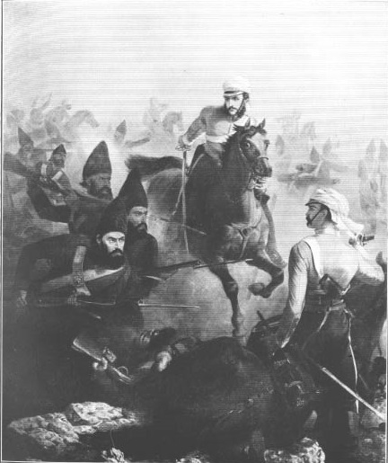 Lieutenants Malcolmson and Moore fighting through the 1st Qashqai Regiment's infantry square at the Battle of Khoshab.