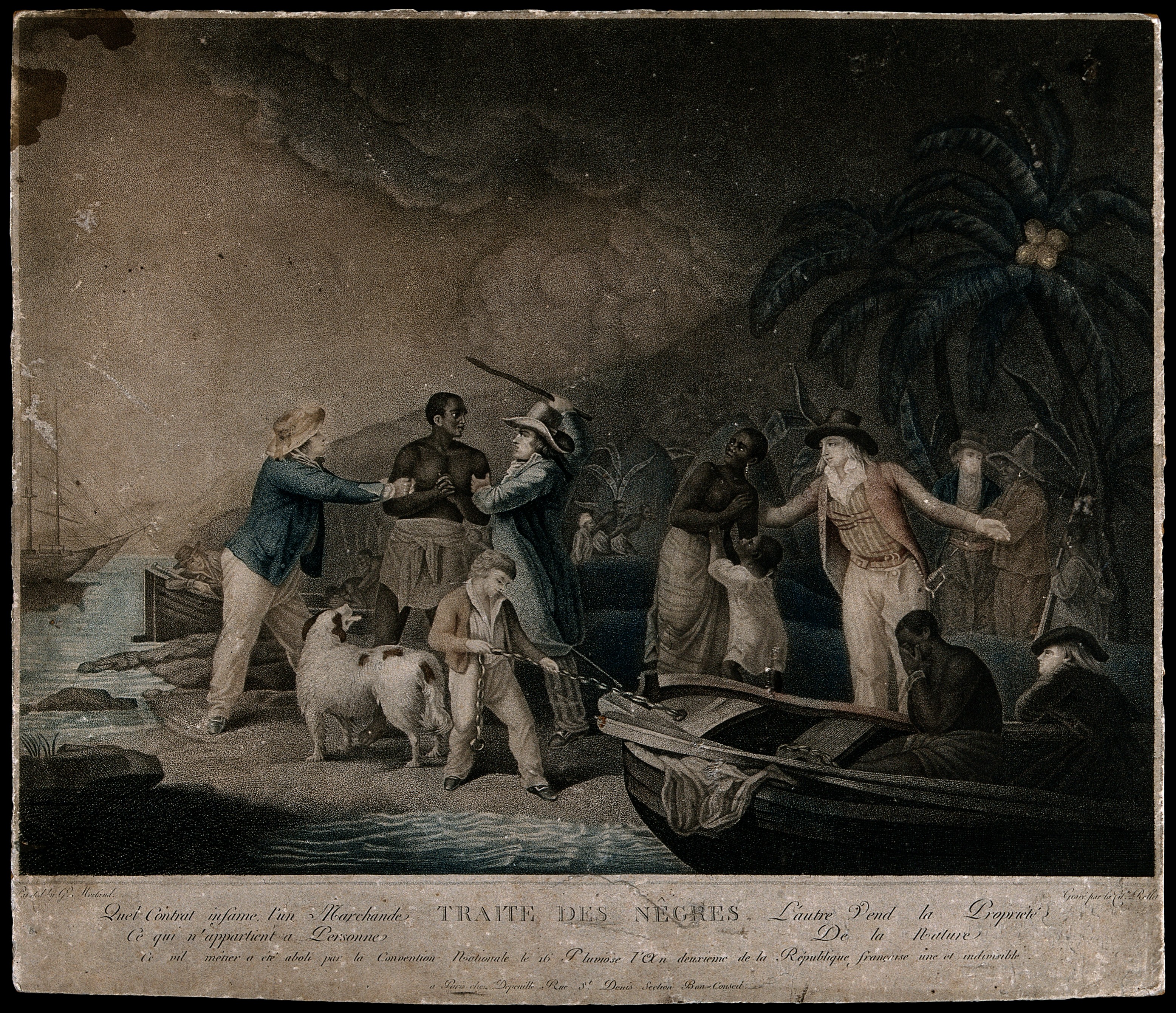 "Slave traders on an African coast enslave some of its inhabitants: a man is taken by two slave traders to their boat, while his wife and child is taken by a different slave trader to another boat. Coloured stipple engraving by Citoyenne Rollet after George Morland." (1790s)