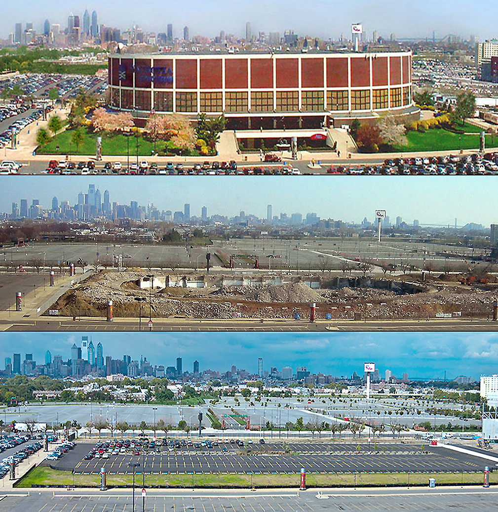 Composite "before, during and after" image of the Spectrum site. The top image was taken in April 2004, five and a half years before the arena was closed. The middle image was taken seven years later as its demolition was being completed in April 2011. The white areas seen at ground level of this image were the back walls of the hockey and basketball locker rooms used by the Flyers, 76ers, Phantoms, Kixx, and Wings and visiting teams. The parking lot across Pattison Avenue from the Spectrum was the former site of Veterans Stadium (demolished in 2004). The bottom image is how the site appeared in September 2011 after it had been converted to a parking lot. All three images were taken from the same location in the Wells Fargo Center, the arena that replaced the Spectrum. The tallest building visible in the distant Philadelphia skyline (just to the left of the Spectrum site) in the 2011 images is the 59-story Comcast Center (completed in 2008), the headquarters building of the Comcast Corporation which owns both the Spectrum and Wells Fargo Center.